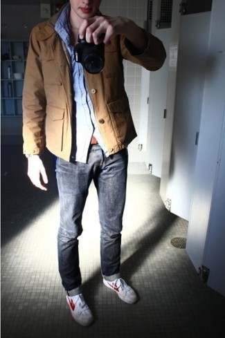 Men's Tobacco Military Jacket, Blue Long Sleeve Shirt, Grey Jeans, White Low Top Sneakers