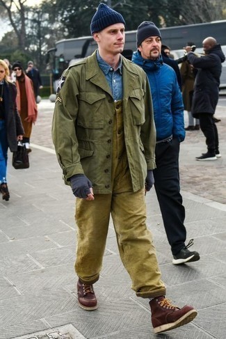 Men's Olive Military Jacket, Blue Chambray Long Sleeve Shirt, Olive Overalls, Burgundy Leather Casual Boots