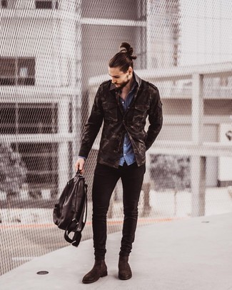Brown Military Jacket Outfits For Men: If you're on a mission for an off-duty yet seriously stylish outfit, reach for a brown military jacket and dark brown skinny jeans. Ramp up this whole outfit by wearing dark brown suede chelsea boots.