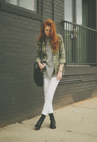 Women's Dark Green Camouflage Military Jacket, Grey Knit Oversized Sweater, White Jeans, Black Leather Ankle Boots