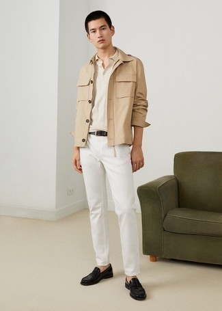 Khaki Military Jacket Outfits For Men: This relaxed combo of a khaki military jacket and white chinos couldn't possibly come across as anything other than incredibly sharp. To add some extra fanciness to this outfit, introduce black leather loafers to the mix.