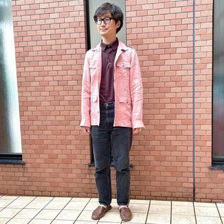 Men's Pink Military Jacket, Burgundy Polo, Charcoal Jeans, Dark Brown Leather Espadrilles