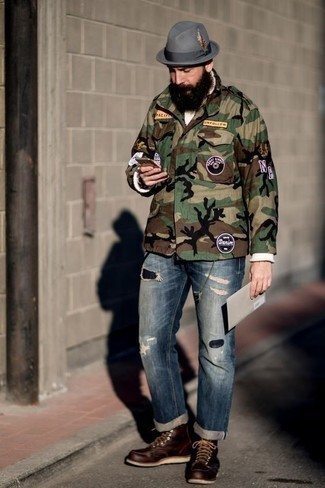Men's Olive Camouflage Military Jacket, White Shawl-Neck Sweater, Blue Ripped Jeans, Burgundy Leather Casual Boots