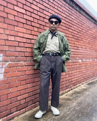 Men's Olive Military Jacket, Beige Short Sleeve Shirt, Charcoal Chinos, White Canvas High Top Sneakers