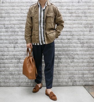 Beige Military Jacket Outfits For Men: To put together a casual look with a clear fashion twist, you can easily wear a beige military jacket and navy chinos. Feeling brave today? Change things up a bit by rocking brown suede tassel loafers.