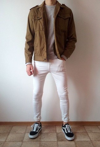 Men's Brown Military Jacket, Grey Sweatshirt, White Skinny Jeans, Black and White Canvas Low Top Sneakers