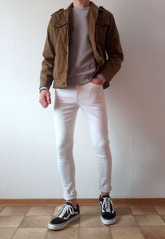 Brown Military Jacket Outfits For Men: Try pairing a brown military jacket with white skinny jeans for a laid-back getup with a contemporary spin. Look at how well this look goes with a pair of black and white canvas low top sneakers.