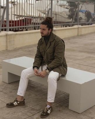 Men's Olive Military Jacket, Dark Green Turtleneck, White Jeans, Olive Canvas Low Top Sneakers