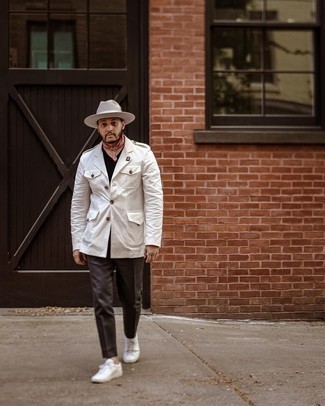 Bandana Outfits For Men: If you use a more laid-back approach to styling, why not rock a white military jacket with a bandana? For a dressier touch, why not add a pair of white canvas low top sneakers to the mix?