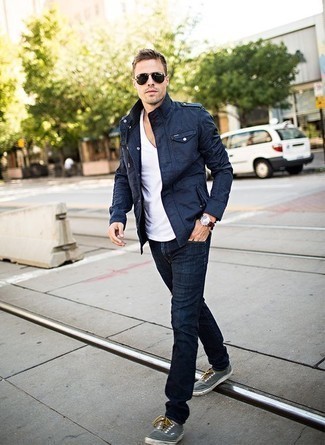 Navy Military Jacket Outfits For Men: To don a laid-back getup with a modern twist, marry a navy military jacket with navy jeans. Introduce a more relaxed spin to by sporting grey canvas low top sneakers.
