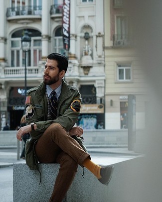 Mustard Socks Outfits For Men: For a casually stylish getup, dress in an olive embroidered military jacket and mustard socks — these items work nicely together. Dark brown suede loafers will bring a bit of polish to an otherwise straightforward ensemble.