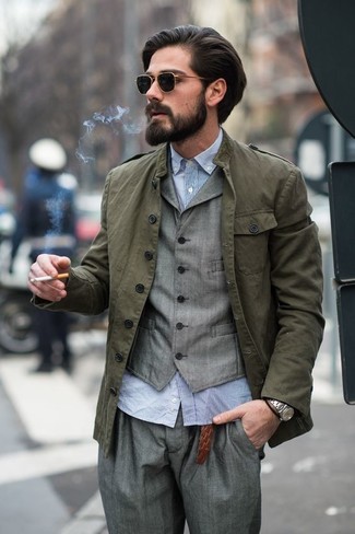 Dark Green Military Jacket Outfits For Men: A dark green military jacket and grey dress pants are powerful sartorial weapons in any gent's collection.