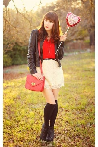 Women's Black Leather Lace-up Ankle Boots, Beige Lace Mini Skirt, Red Button Down Blouse, Dark Brown Leather Bomber Jacket