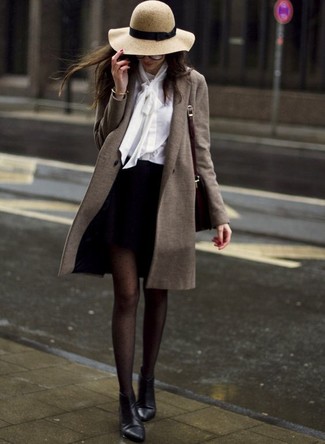 Women's Black Leather Ankle Boots, Black Mini Skirt, White Button Down Blouse, Olive Coat