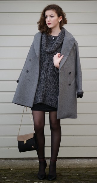 Women's Black Leather Pumps, Black Mini Skirt, Charcoal Cowl-neck Sweater, Grey Coat