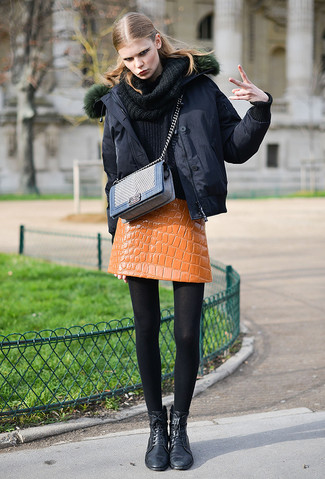 Women's Black Leather Lace-up Flat Boots, Orange Leather Mini Skirt, Black Cowl-neck Sweater, Black Puffer Jacket