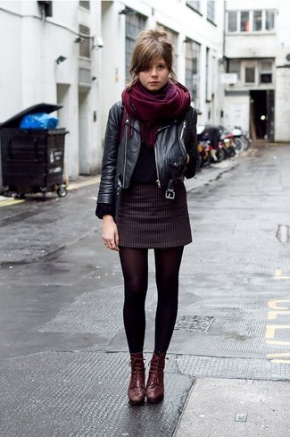Burgundy Leather Lace-up Ankle Boots Outfits: 