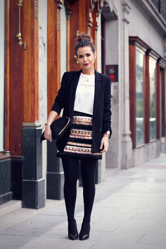 Women's Black Leather Pumps, Black and Gold Sequin Mini Skirt, White and Black Print Crew-neck Sweater, Black Blazer