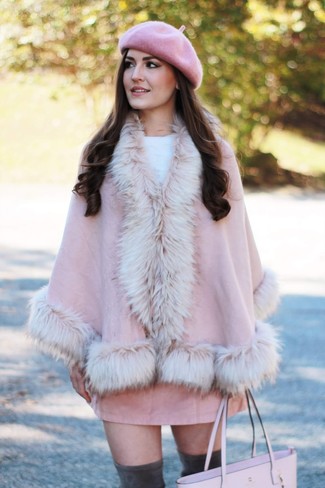 Women's Charcoal Suede Over The Knee Boots, Pink Suede Mini Skirt, White Crew-neck Sweater, Pink Cape Coat
