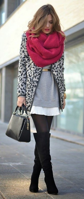 Women's Black Suede Over The Knee Boots, White Pleated Mini Skirt, Grey Crew-neck Sweater, Grey Leopard Coat