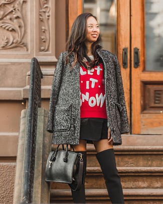 Women's Black Canvas Over The Knee Boots, Black Mini Skirt, Red Christmas Crew-neck Sweater, Charcoal Coat