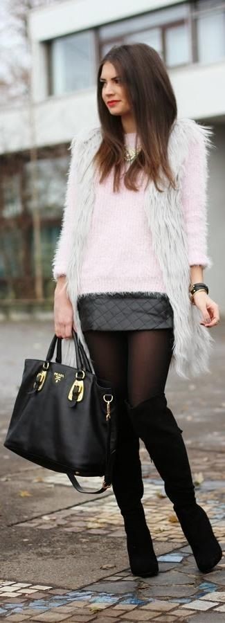 Women's Black Suede Over The Knee Boots, Black Quilted Leather Mini Skirt, Pink Fluffy Crew-neck Sweater, Grey Fur Vest