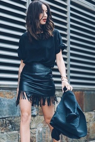 Black Fringe Leather Mini Skirt Outfits: 