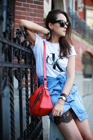 Women's Red Leather Crossbody Bag, Black Lace Mini Skirt, White and Black Print Crew-neck T-shirt, Light Blue Denim Jacket