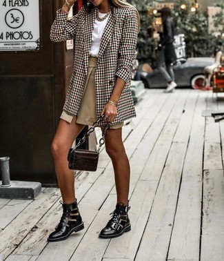 Women's Black Cutout Leather Lace-up Ankle Boots, Tan Slit Mini Skirt, White Crew-neck T-shirt, Brown Plaid Double Breasted Blazer