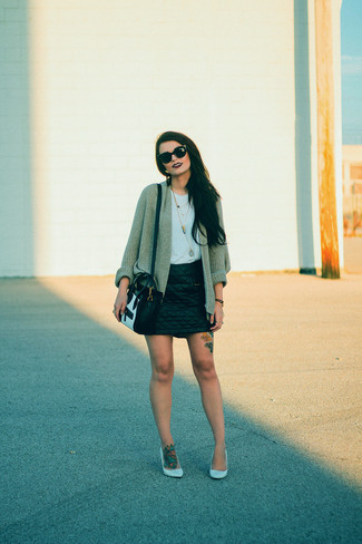 Women's White Leather Wedge Pumps, Black Quilted Leather Mini Skirt, White Crew-neck T-shirt, Beige Knit Open Cardigan