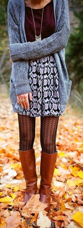 Brown Leather Knee High Boots Outfits: 