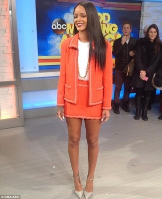 Rihanna wearing Grey Leather Pumps, Orange Tweed Mini Skirt, White Crew-neck T-shirt, Orange Tweed Jacket