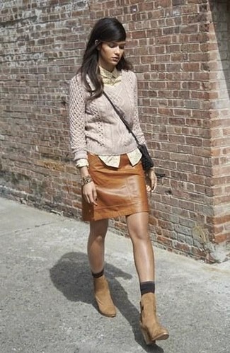 Women's Tan Suede Ankle Boots, Brown Leather Mini Skirt, Yellow Polka Dot Dress Shirt, Beige Cable Sweater