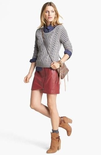 Women's Tan Suede Ankle Boots, Red Leather Mini Skirt, Navy and White Polka Dot Dress Shirt, Grey Cable Sweater