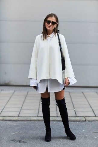 White Dress Shirt with Black Suede Over The Knee Boots Spring Outfits: 