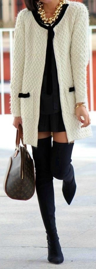 Women's Black Suede Over The Knee Boots, Black Pleated Mini Skirt, Black Long Sleeve Blouse, White Knit Open Cardigan