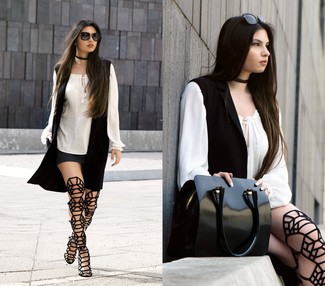 Women's Black Suede Knee High Gladiator Sandals, Charcoal Mini Skirt, White Peasant Blouse, Black Vest