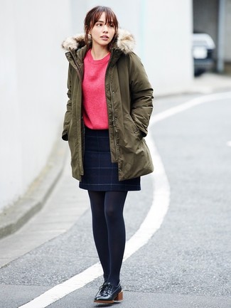 Women's Black Leather Derby Shoes, Navy Check Wool Mini Skirt, Red Sweatshirt, Olive Parka