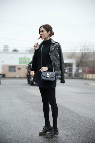 Women's Black Leather Oxford Shoes, Black Lace Mini Skirt, Black Turtleneck, Black Leather Biker Jacket