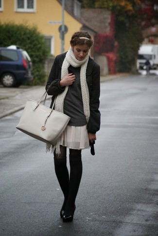 Women's Grey Leather Tote Bag, Beige Pleated Silk Mini Skirt, Charcoal Turtleneck, Charcoal Coat