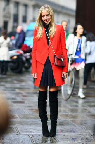 Women's Black Suede Over The Knee Boots, Navy Pleated Mini Skirt, Black Turtleneck, Red Coat