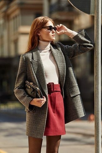 Women's Black Leather Clutch, Red Wool Mini Skirt, White Turtleneck, Grey Tweed Coat