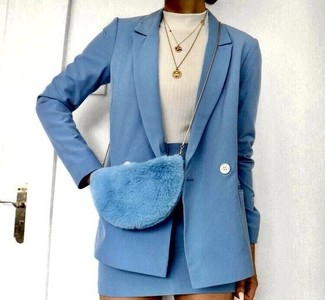 Women's Light Blue Fur Crossbody Bag, Light Blue Wool Mini Skirt, White Turtleneck, Light Blue Wool Double Breasted Blazer
