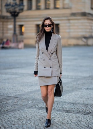 Grey Check Double Breasted Blazer Outfits For Women: 