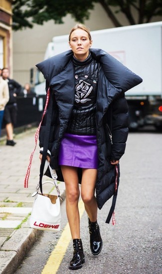 Purple Leather Mini Skirt Outfits: 