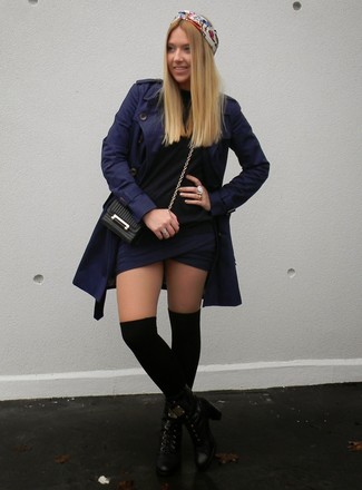 Women's Black Leather Lace-up Ankle Boots, Navy Mini Skirt, Black Turtleneck, Navy Trenchcoat