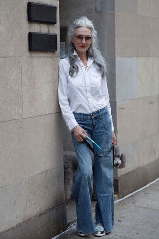 Women's Mint Athletic Shoes, Blue Flare Jeans, White Dress Shirt