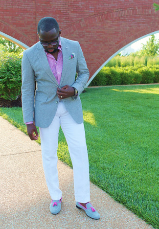 Pink Long Sleeve Shirt Outfits For Men: If the setting allows an off-duty getup, you can easily rely on a pink long sleeve shirt and white chinos. Add light blue suede tassel loafers to the mix to completely jazz up the ensemble.