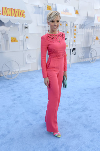 Scarlett Johansson wearing Gold Earrings, Mint Leather Clutch, Multi colored Leather Wedge Sandals, Hot Pink Jumpsuit