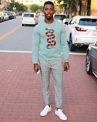 Mint Crew-neck Sweater Outfits For Men: A mint crew-neck sweater and grey plaid chinos are the kind of a fail-safe casual combo that you need when you have zero time. Look at how nice this outfit is complemented with white canvas low top sneakers.